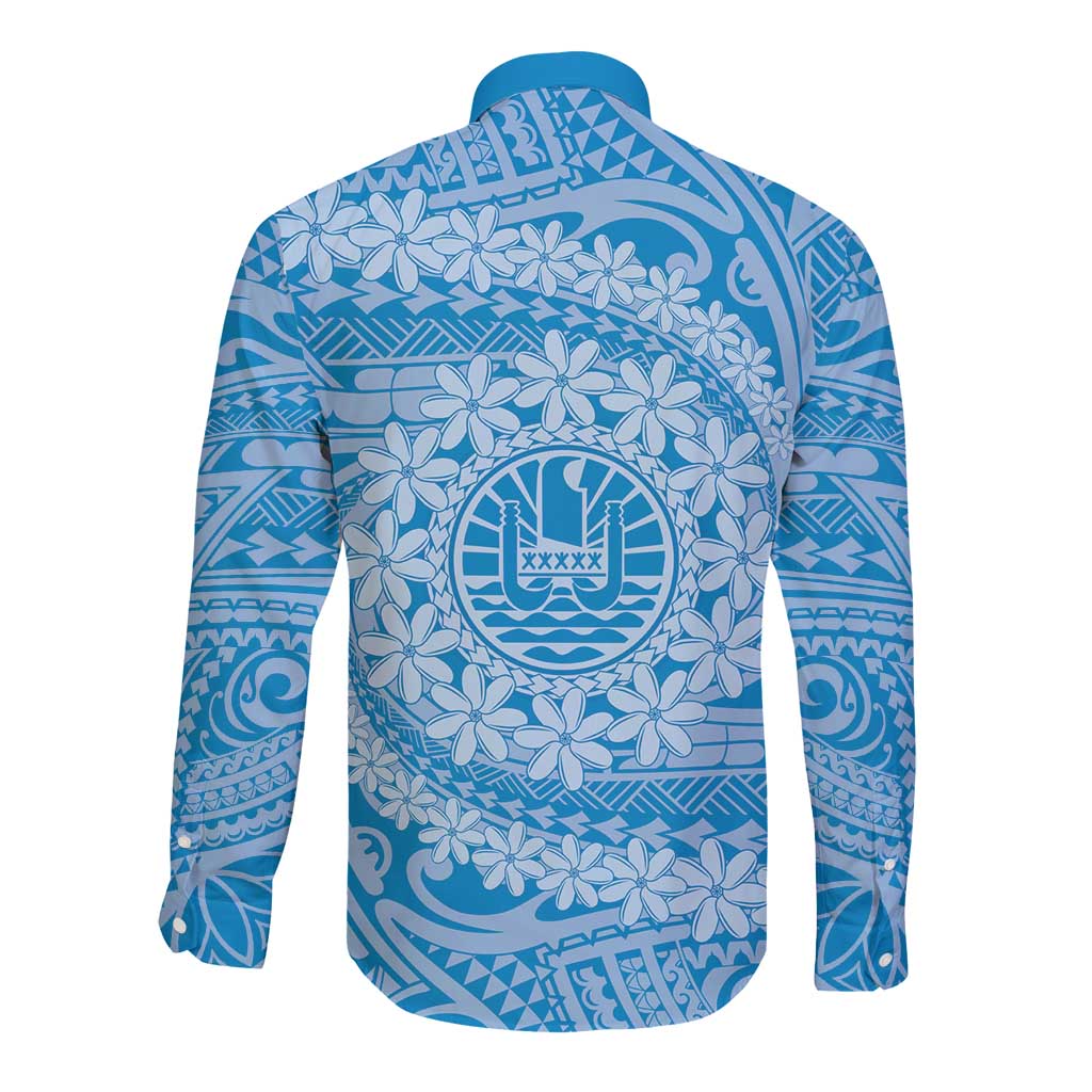 Tahitian Tiare Flower Long Sleeve Button Shirt Blue Polynesian Pattern