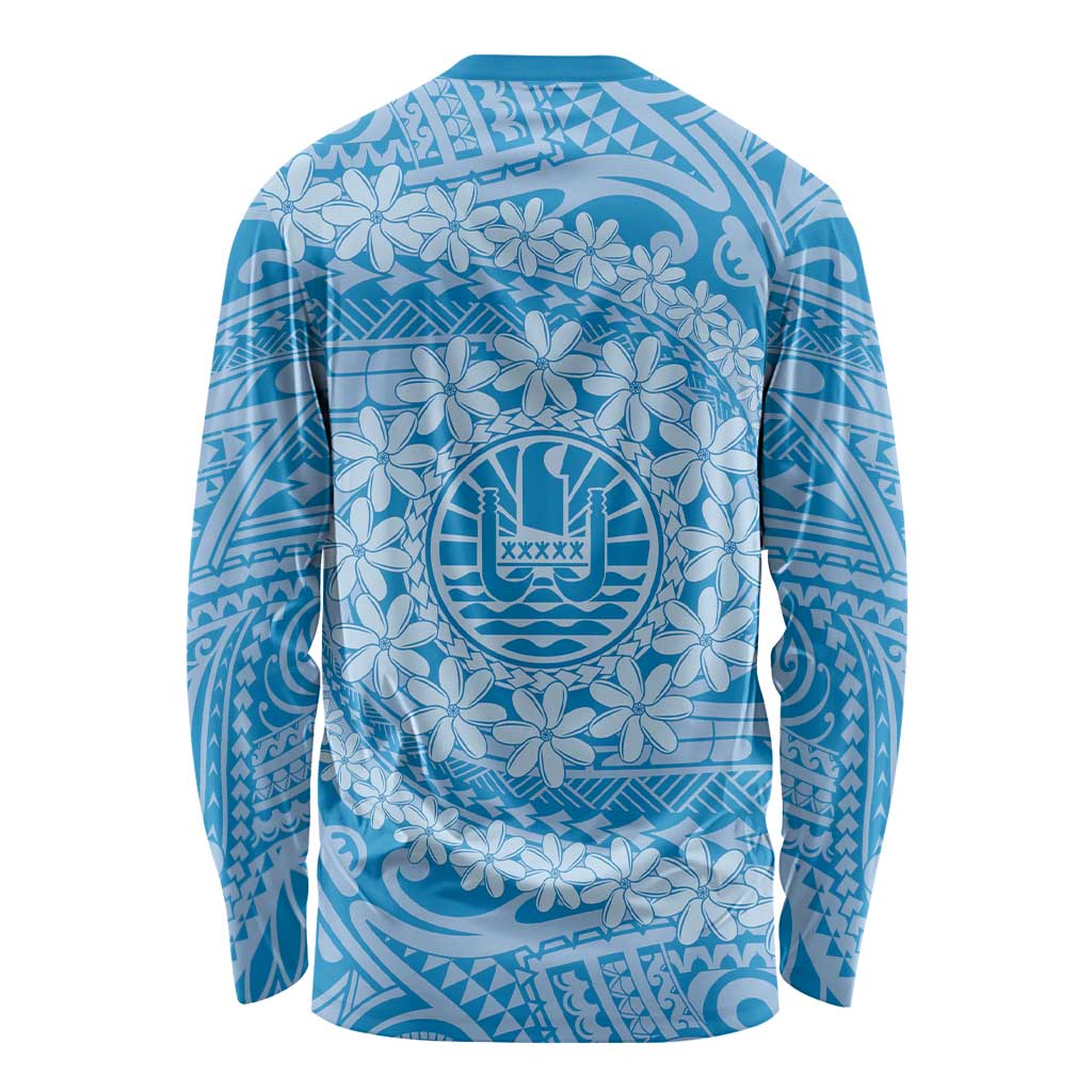 Tahitian Tiare Flower Long Sleeve Shirt Blue Polynesian Pattern