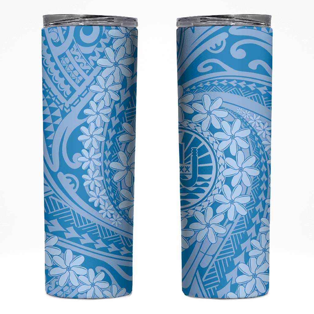 Tahitian Tiare Flower Skinny Tumbler Blue Polynesian Pattern