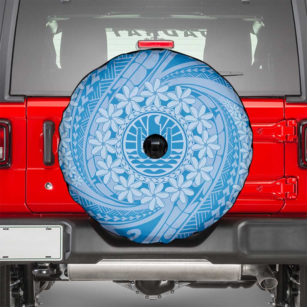 Tahitian Tiare Flower Spare Tire Cover Blue Polynesian Pattern