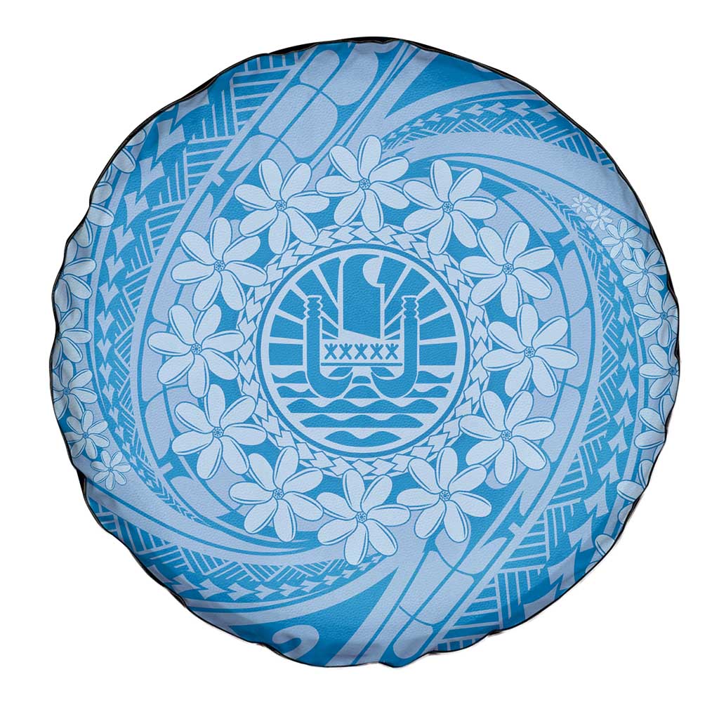 Tahitian Tiare Flower Spare Tire Cover Blue Polynesian Pattern