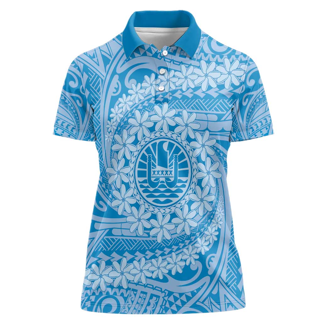 Tahitian Tiare Flower Women Polo Shirt Blue Polynesian Pattern