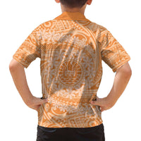 Tahitian Tiare Flower Family Matching Off Shoulder Short Dress and Hawaiian Shirt Gold Polynesian Pattern