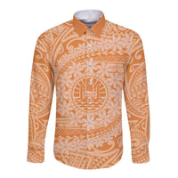 Tahitian Tiare Flower Long Sleeve Button Shirt Gold Polynesian Pattern