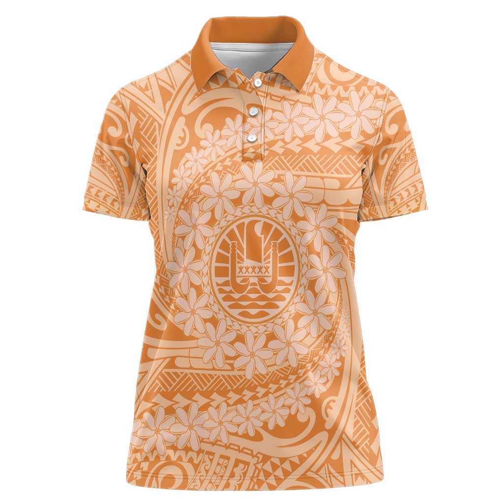 Tahitian Tiare Flower Women Polo Shirt Gold Polynesian Pattern