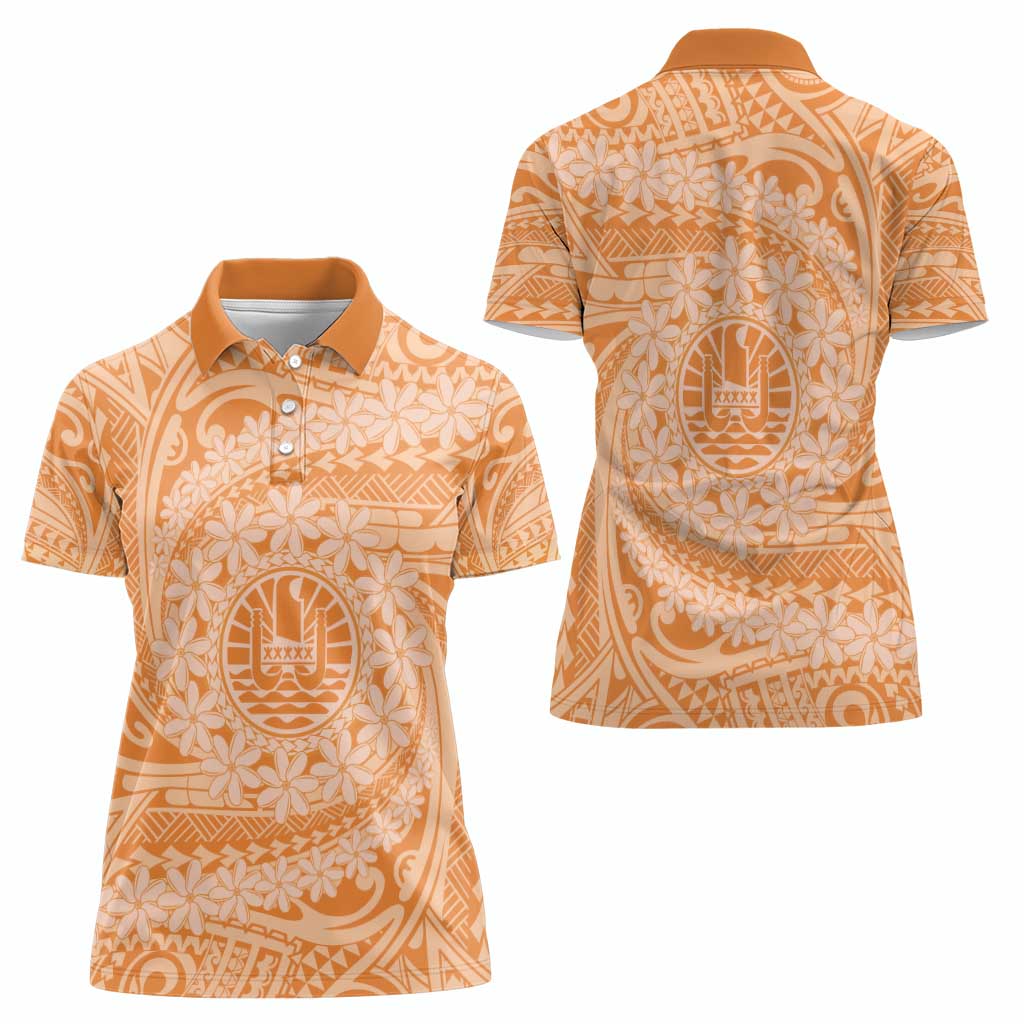 Tahitian Tiare Flower Women Polo Shirt Gold Polynesian Pattern
