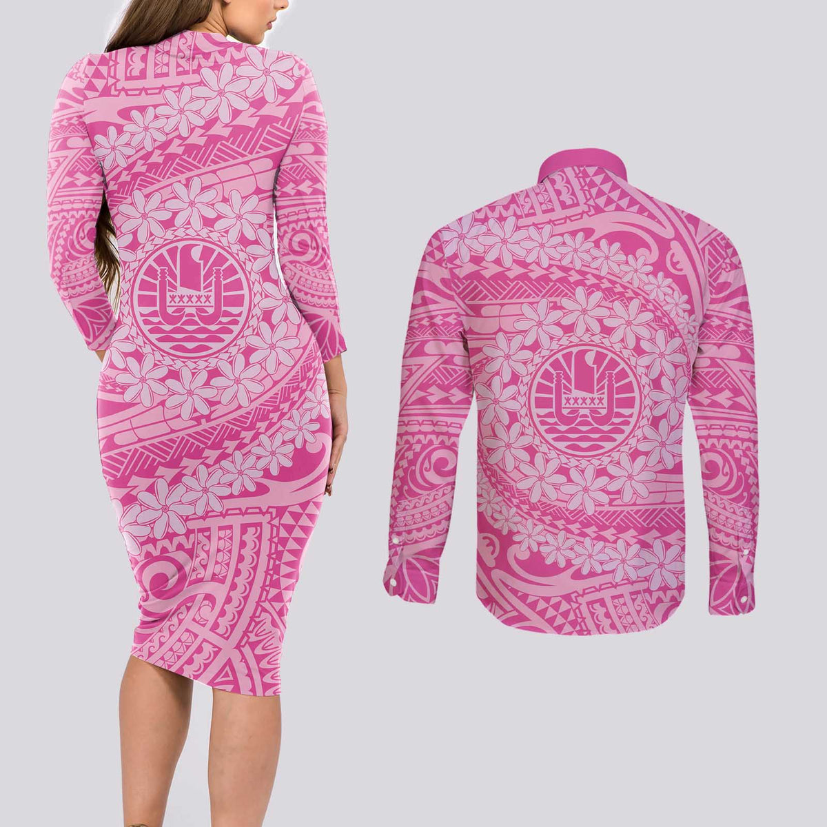 Tahitian Tiare Flower Couples Matching Long Sleeve Bodycon Dress and Long Sleeve Button Shirt Pink Polynesian Pattern
