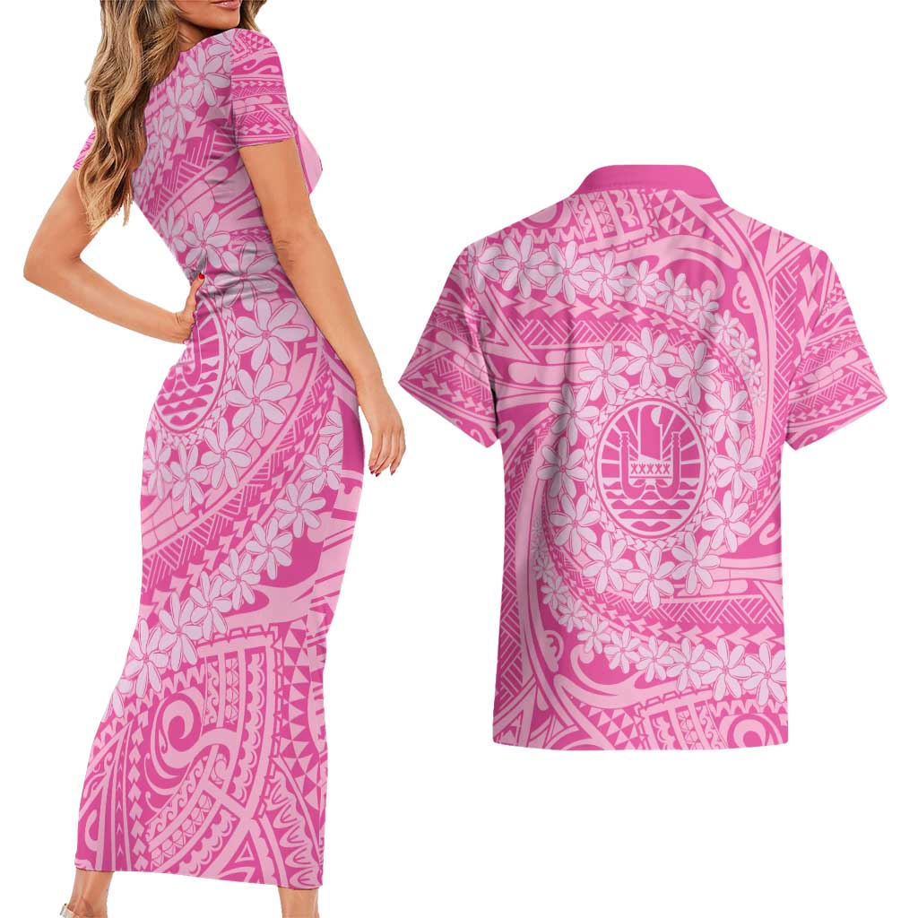 Tahitian Tiare Flower Couples Matching Short Sleeve Bodycon Dress and Hawaiian Shirt Pink Polynesian Pattern