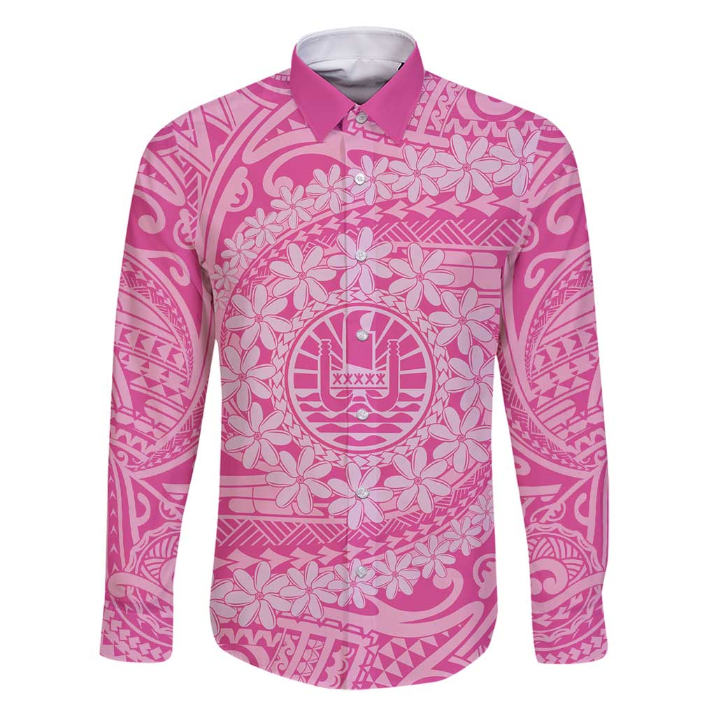 Tahitian Tiare Flower Family Matching Long Sleeve Bodycon Dress and Hawaiian Shirt Pink Polynesian Pattern