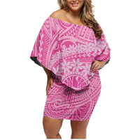 Tahitian Tiare Flower Family Matching Off Shoulder Short Dress and Hawaiian Shirt Pink Polynesian Pattern
