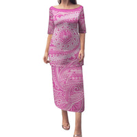 Tahitian Tiare Flower Family Matching Puletasi and Hawaiian Shirt Pink Polynesian Pattern