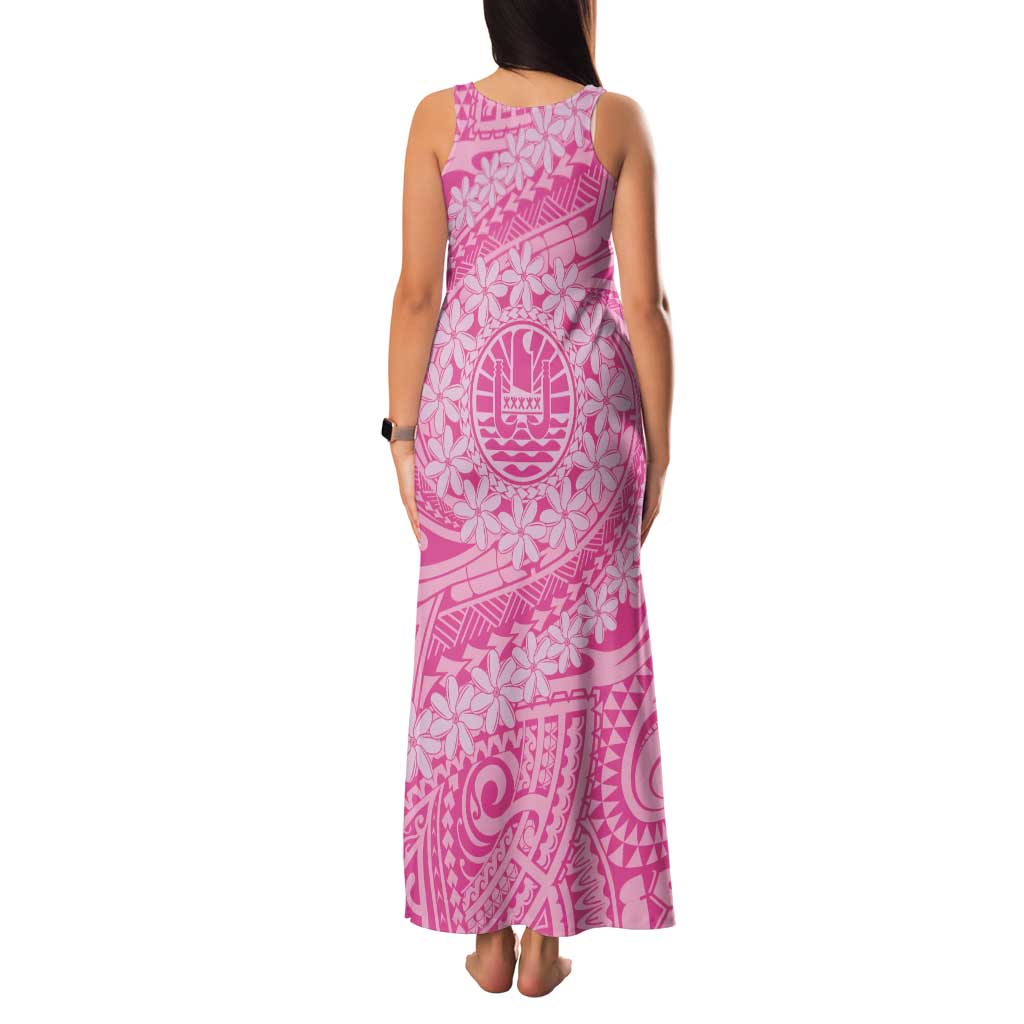 Tahitian Tiare Flower Family Matching Tank Maxi Dress and Hawaiian Shirt Pink Polynesian Pattern