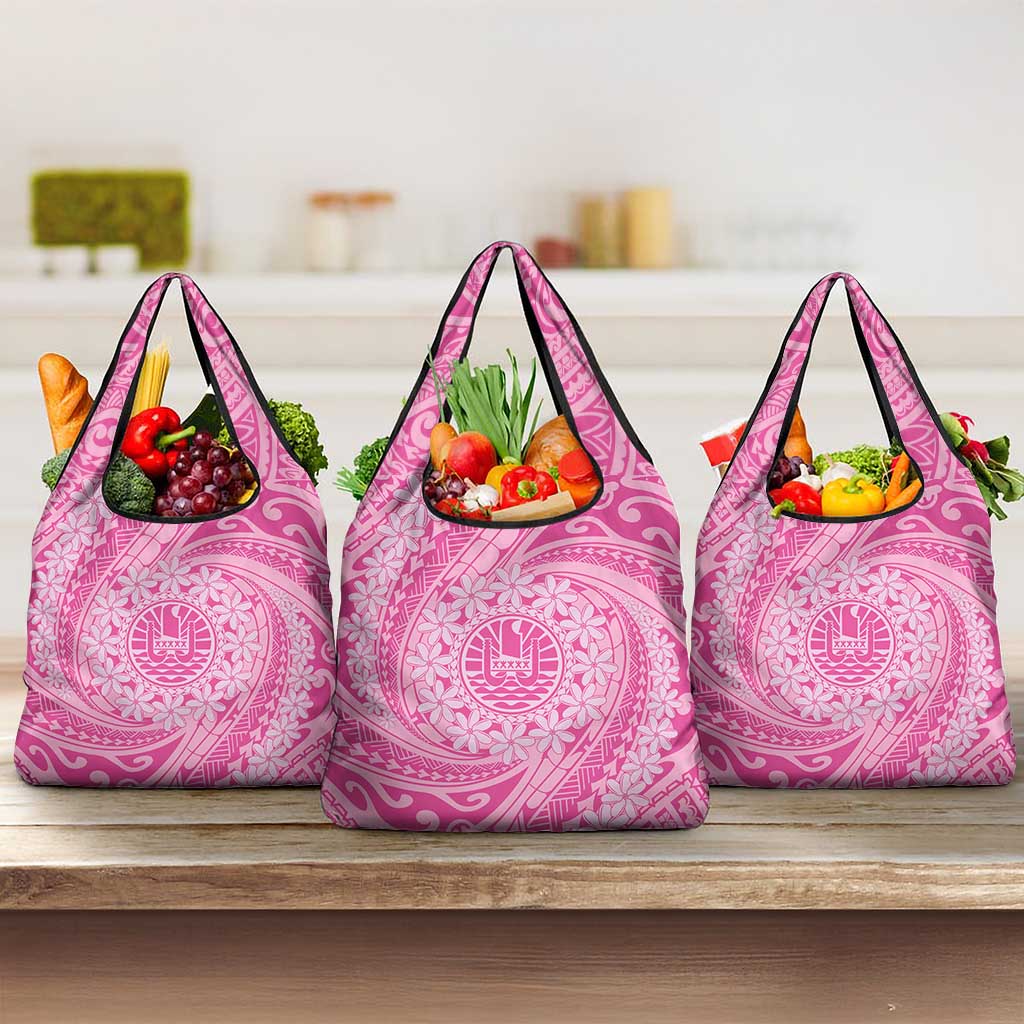 Tahitian Tiare Flower Grocery Bag Pink Polynesian Pattern