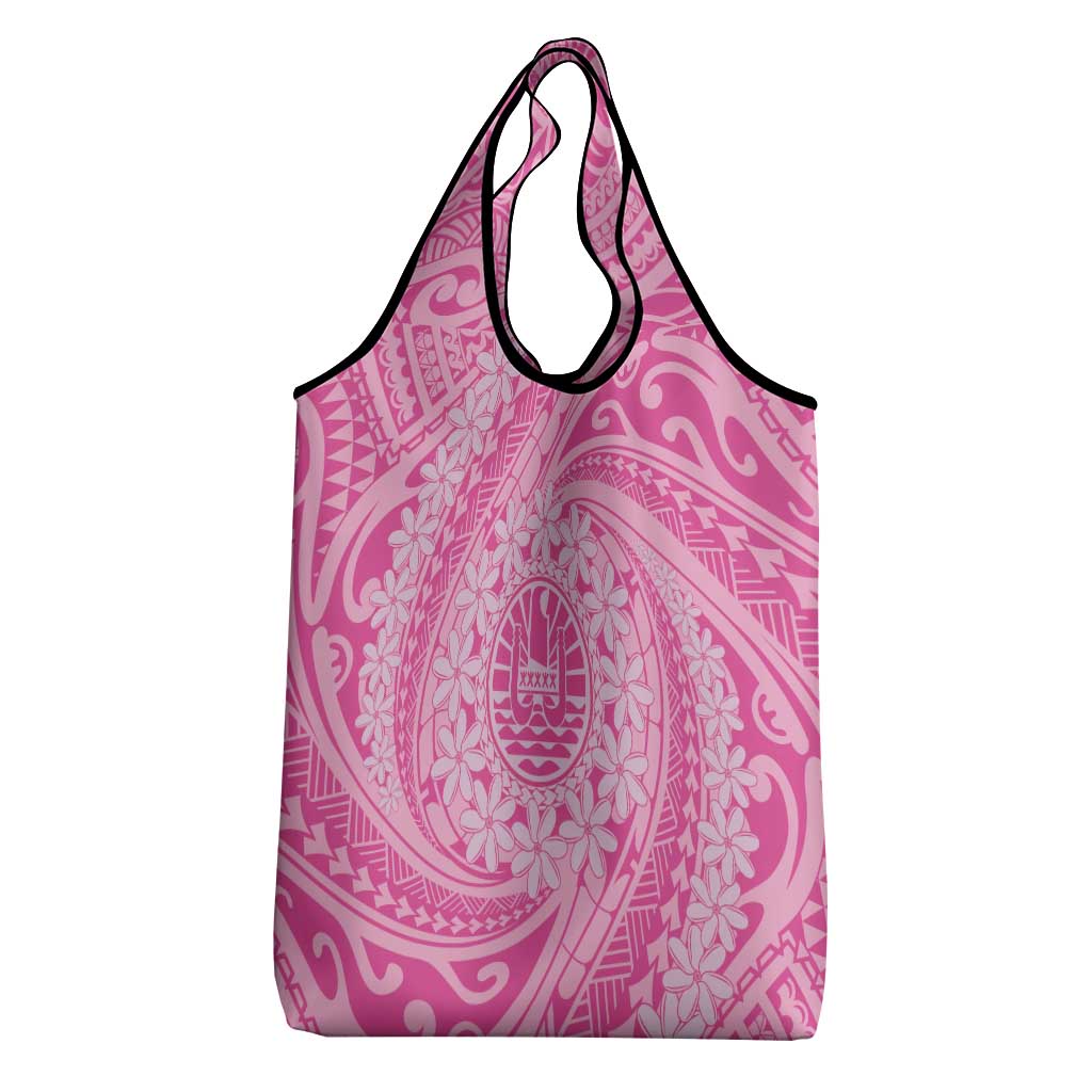 Tahitian Tiare Flower Grocery Bag Pink Polynesian Pattern