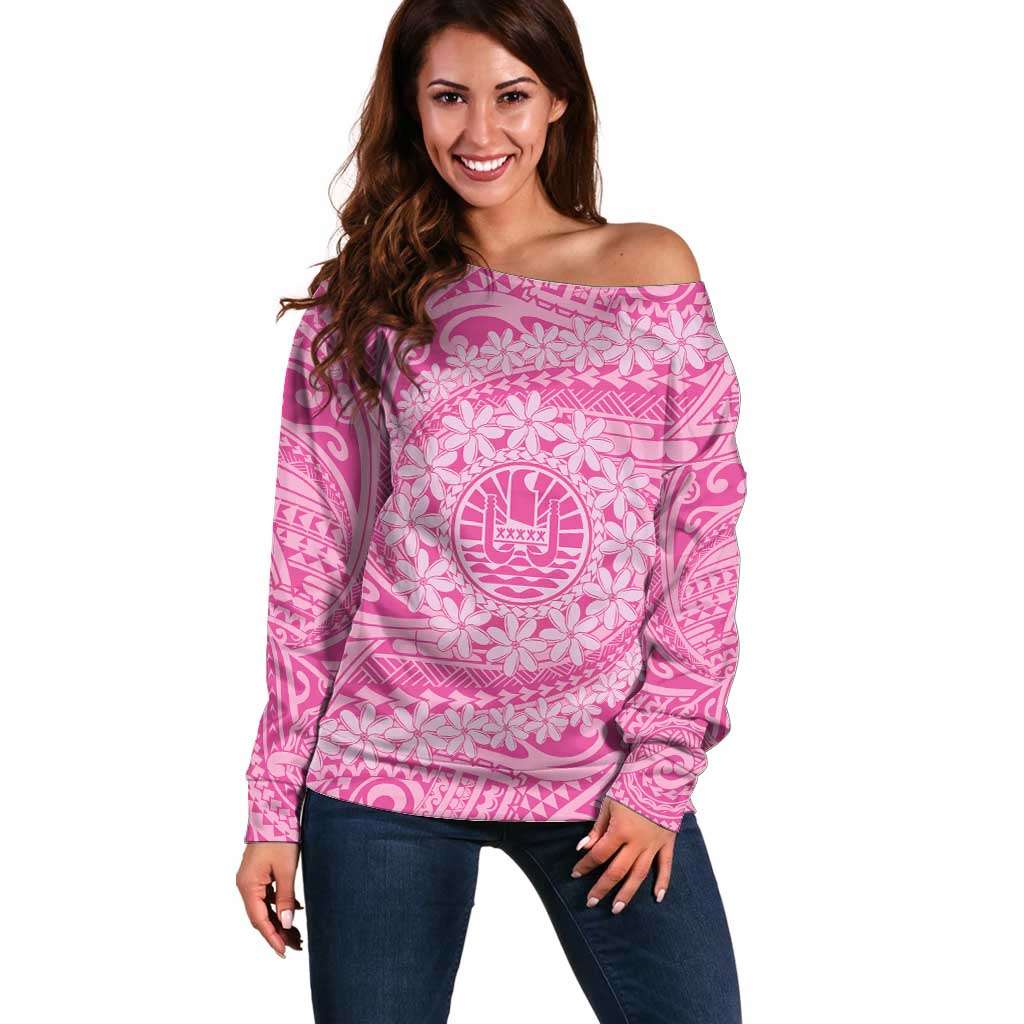 Tahitian Tiare Flower Off Shoulder Sweater Pink Polynesian Pattern