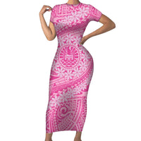 Tahitian Tiare Flower Short Sleeve Bodycon Dress Pink Polynesian Pattern