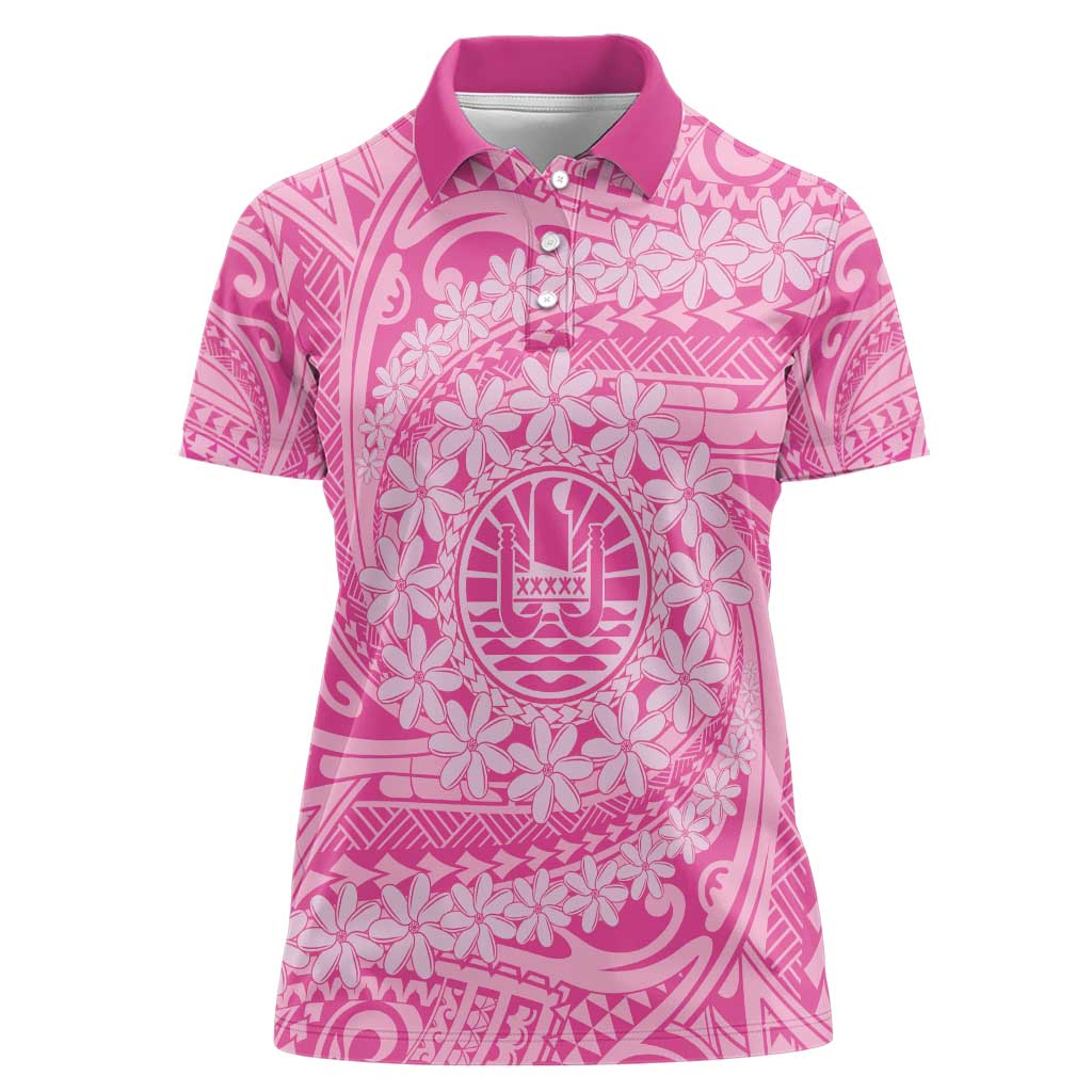 Tahitian Tiare Flower Women Polo Shirt Pink Polynesian Pattern