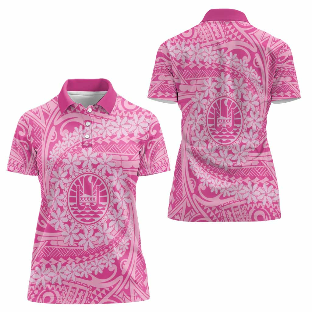 Tahitian Tiare Flower Women Polo Shirt Pink Polynesian Pattern