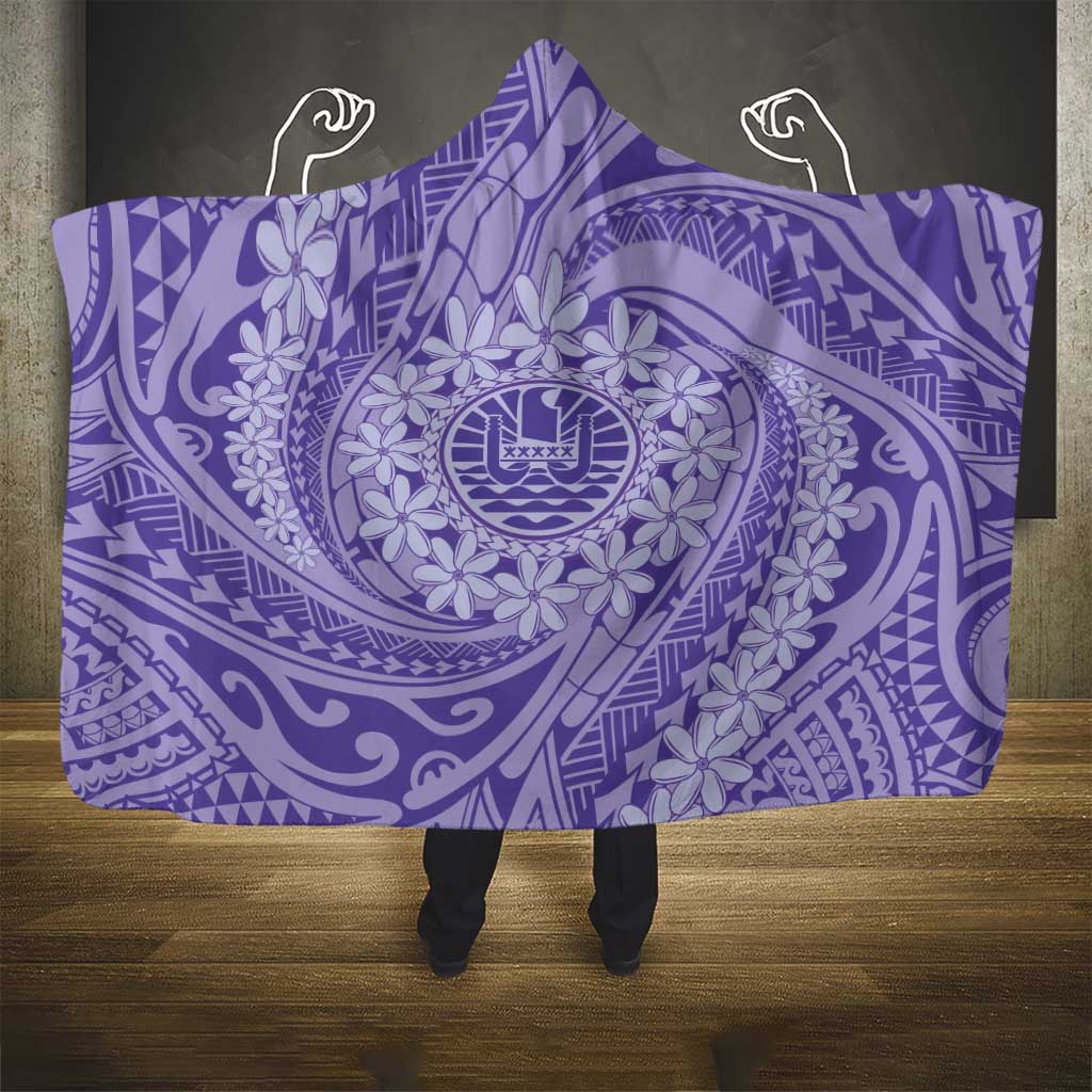 Tahitian Tiare Flower Hooded Blanket Violet Polynesian Pattern