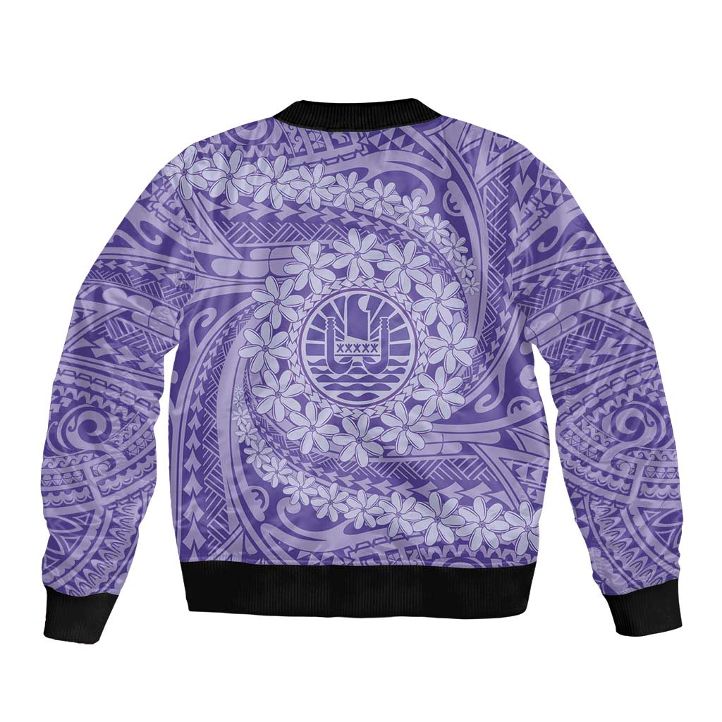 Tahitian Tiare Flower Sleeve Zip Bomber Jacket Violet Polynesian Pattern