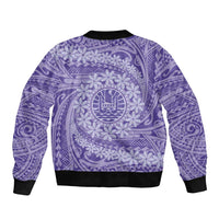 Tahitian Tiare Flower Sleeve Zip Bomber Jacket Violet Polynesian Pattern