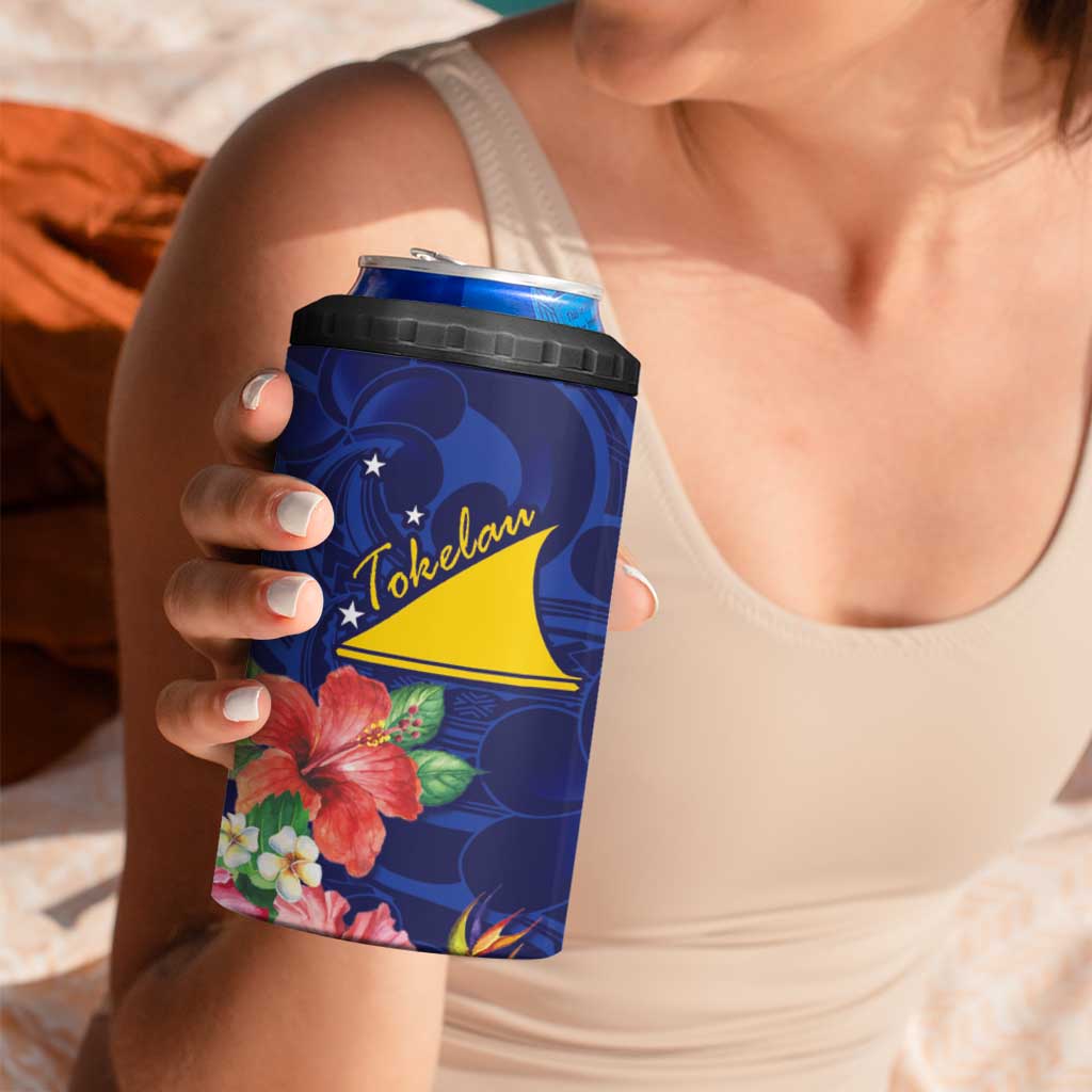 Personalised Tokelau Tropical Hibiscus 4 in 1 Can Cooler Tumbler With Polynesian Plumeria Tattoo LT9 - Polynesian Pride