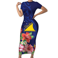 Personalised Tokelau Tropical Hibiscus Family Matching Short Sleeve Bodycon Dress and Hawaiian Shirt With Polynesian Plumeria Tattoo