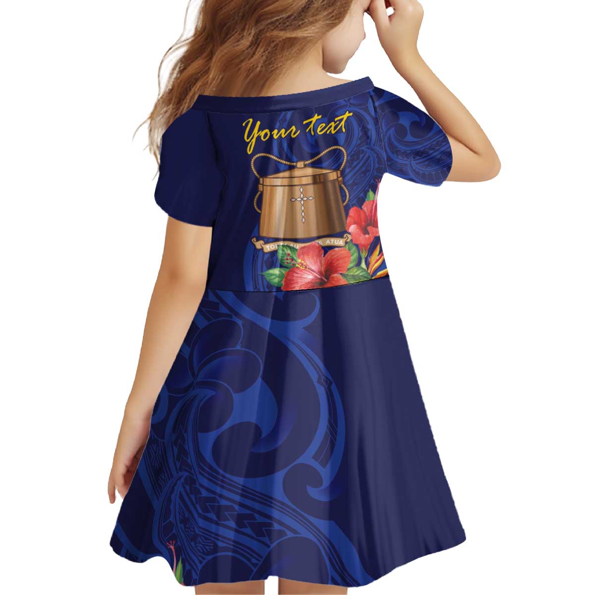 Personalised Tokelau Tropical Hibiscus Kid Short Sleeve Dress With Polynesian Plumeria Tattoo