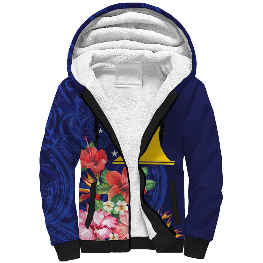 Personalised Tokelau Tropical Hibiscus Sherpa Hoodie With Polynesian Plumeria Tattoo