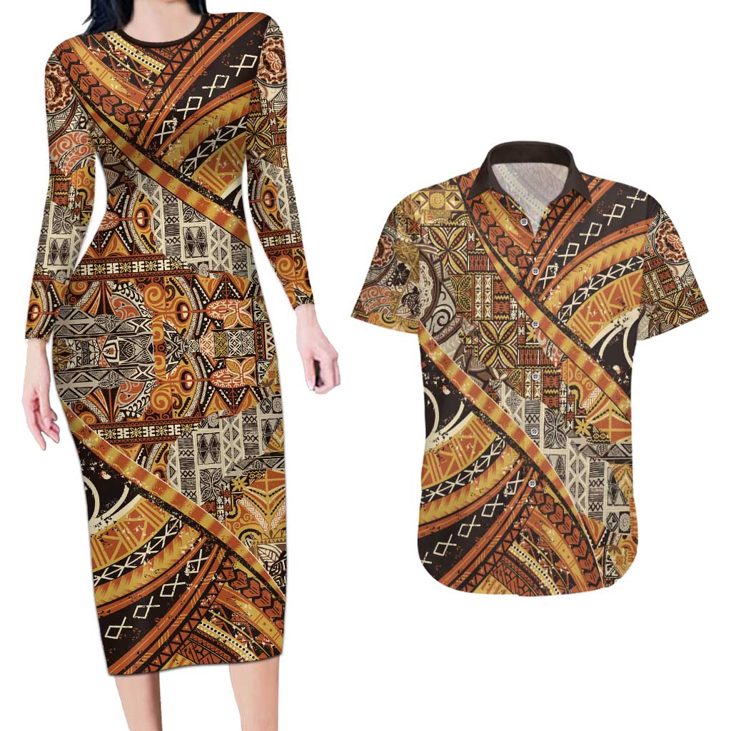 Hawaiian Style Tapa Couples Matching Long Sleeve Bodycon Dress and Hawaiian Shirt Vintage Seamless Pattern LT9 Red - Polynesian Pride