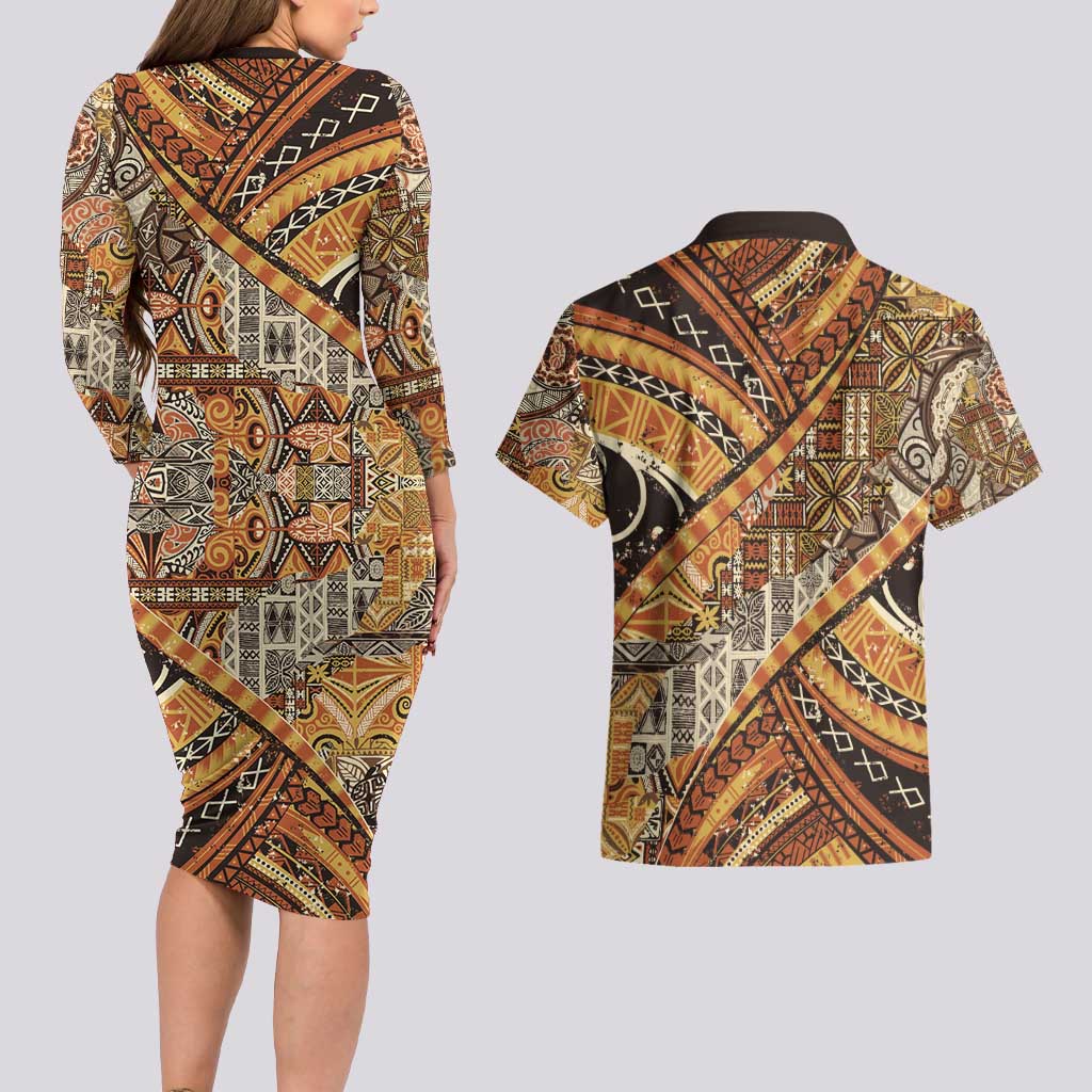 Hawaiian Style Tapa Couples Matching Long Sleeve Bodycon Dress and Hawaiian Shirt Vintage Seamless Pattern LT9 - Polynesian Pride