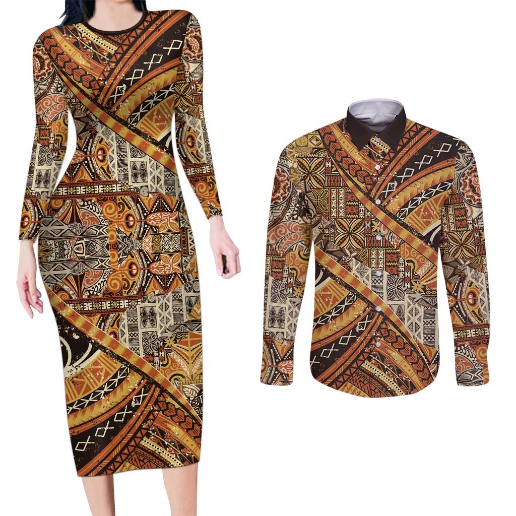 Hawaiian Style Tapa Couples Matching Long Sleeve Bodycon Dress and Long Sleeve Button Shirt Vintage Seamless Pattern LT9 Red - Polynesian Pride