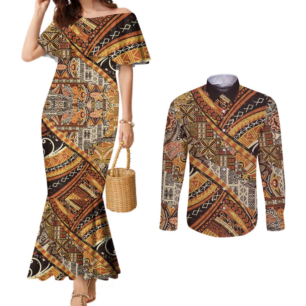Hawaiian Style Tapa Couples Matching Mermaid Dress and Long Sleeve Button Shirt Vintage Seamless Pattern - Polynesian Pride