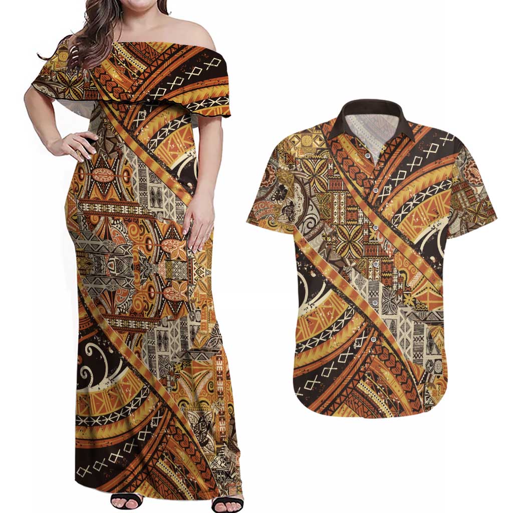 Hawaiian Style Tapa Couples Matching Off Shoulder Maxi Dress and Hawaiian Shirt Vintage Seamless Pattern LT9 Red - Polynesian Pride