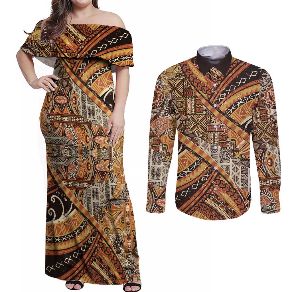 Hawaiian Style Tapa Couples Matching Off Shoulder Maxi Dress and Long Sleeve Button Shirt Vintage Seamless Pattern LT9 Red - Polynesian Pride