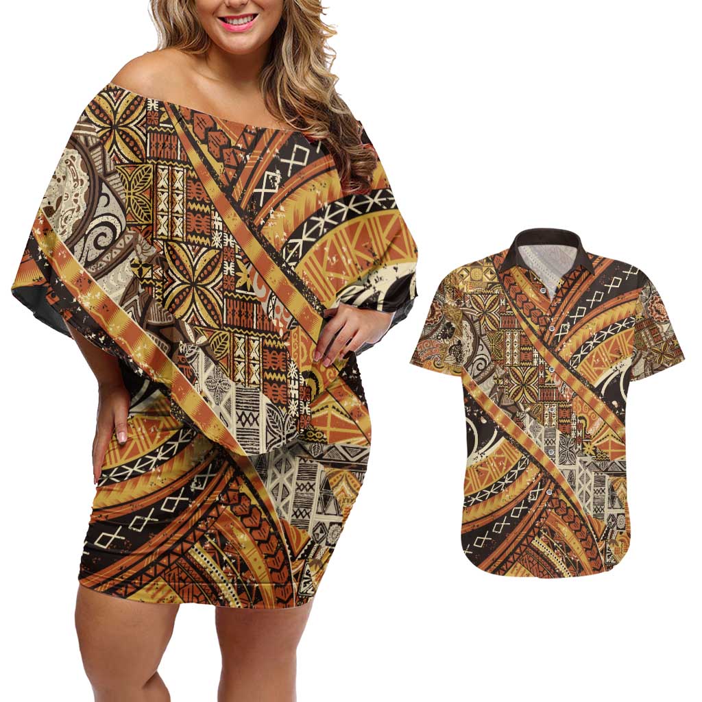 Hawaiian Style Tapa Couples Matching Off Shoulder Short Dress and Hawaiian Shirt Vintage Seamless Pattern LT9 Red - Polynesian Pride