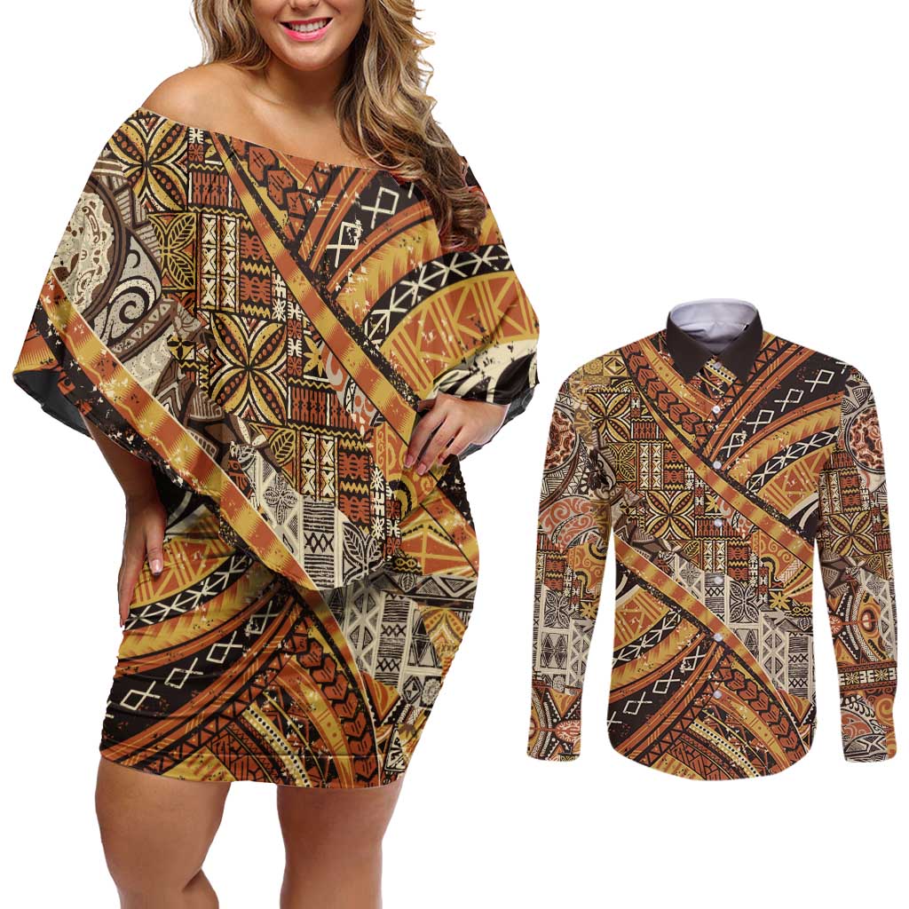 Hawaiian Style Tapa Couples Matching Off Shoulder Short Dress and Long Sleeve Button Shirt Vintage Seamless Pattern LT9 Red - Polynesian Pride