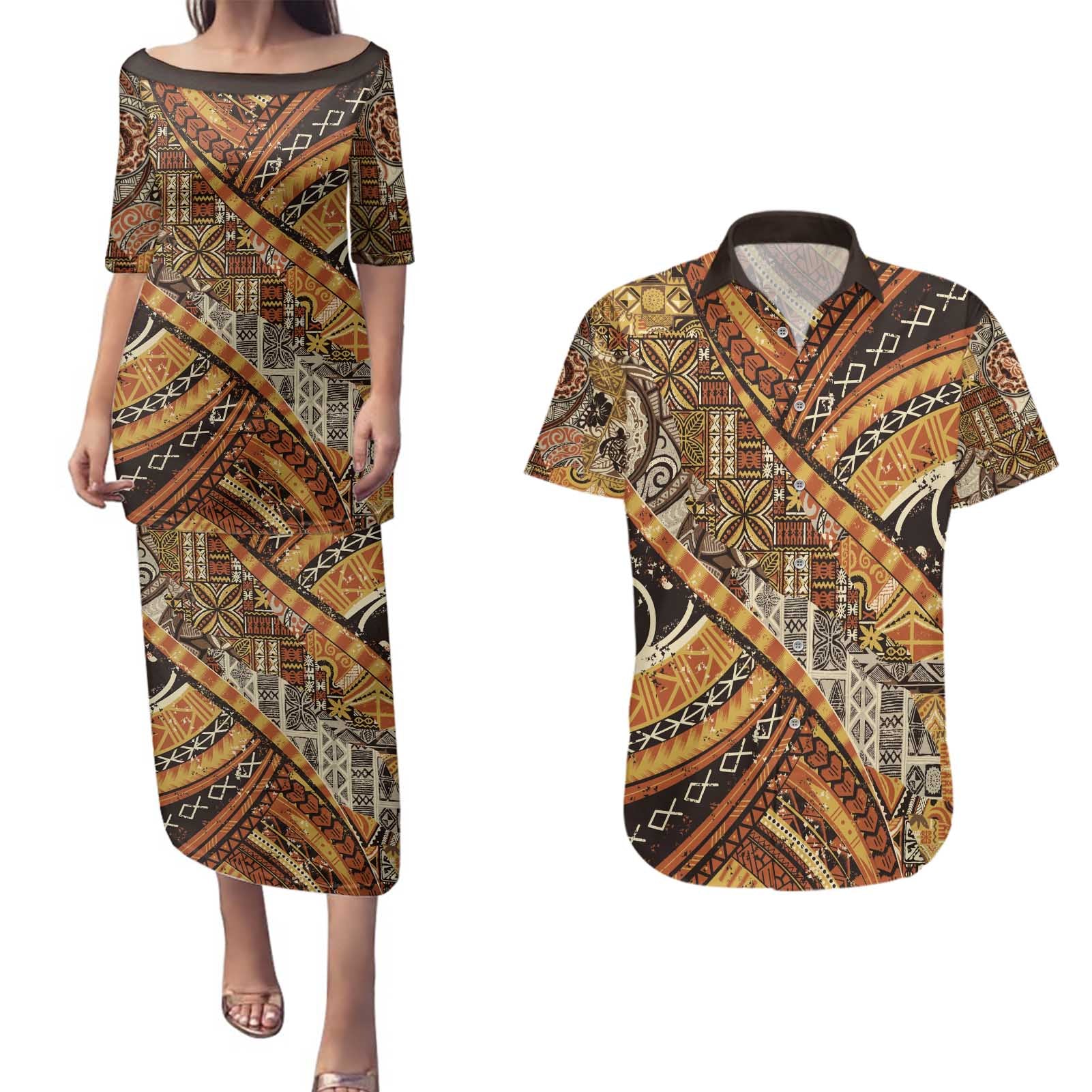 Hawaiian Style Tapa Couples Matching Puletasi and Hawaiian Shirt Vintage Seamless Pattern - Polynesian Pride