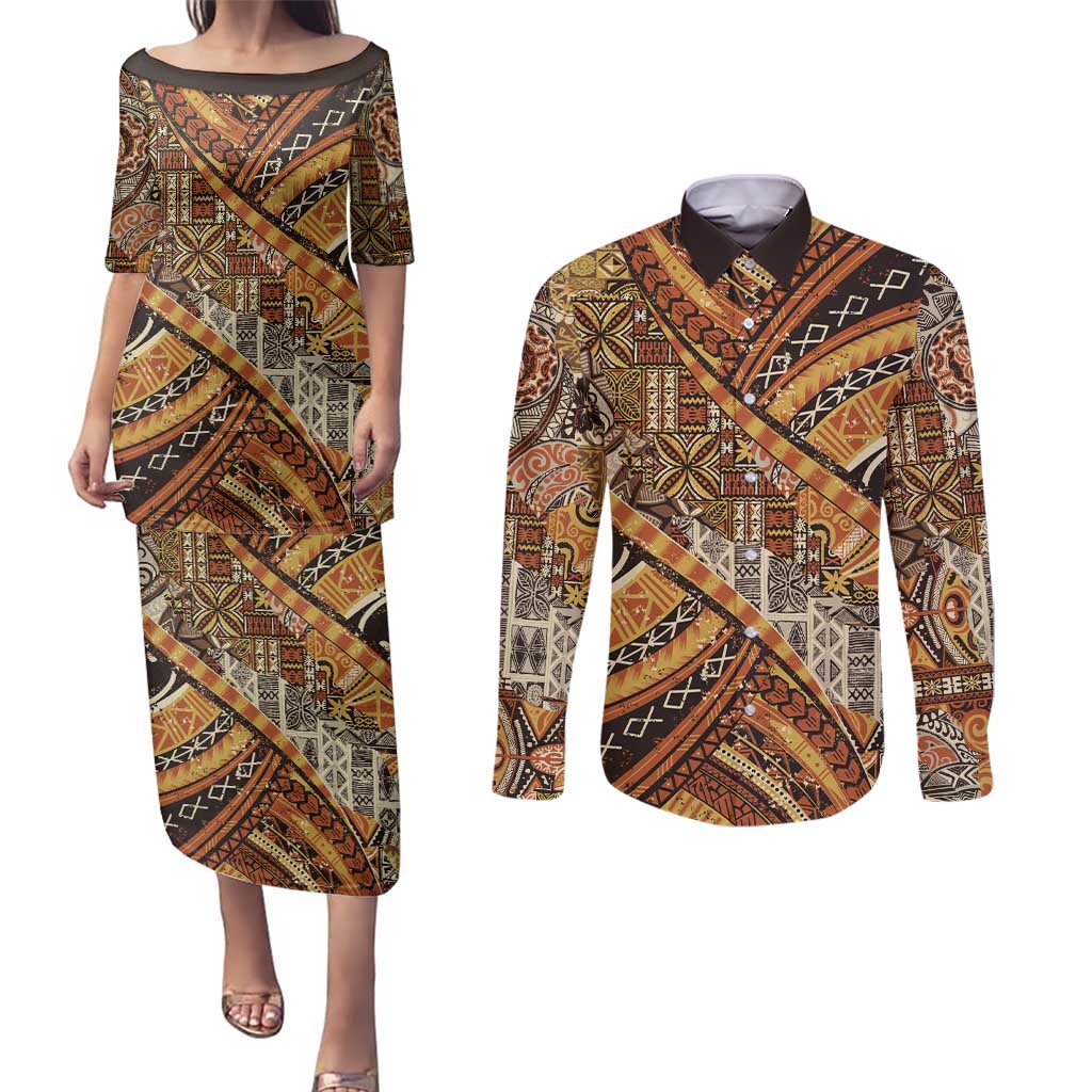 Hawaiian Style Tapa Couples Matching Puletasi and Long Sleeve Button Shirt Vintage Seamless Pattern LT9 Red - Polynesian Pride