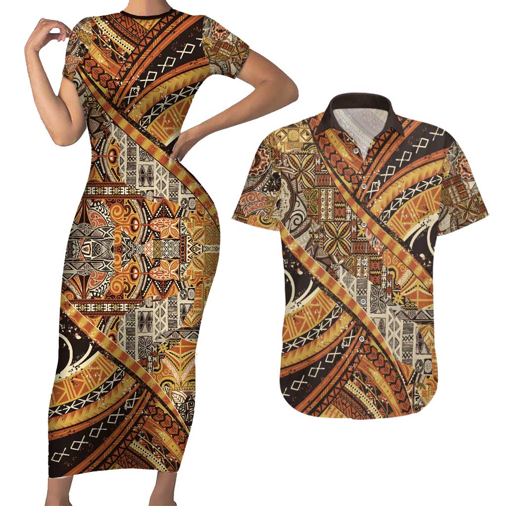 Hawaiian Style Tapa Couples Matching Short Sleeve Bodycon Dress and Hawaiian Shirt Vintage Seamless Pattern LT9 Red - Polynesian Pride