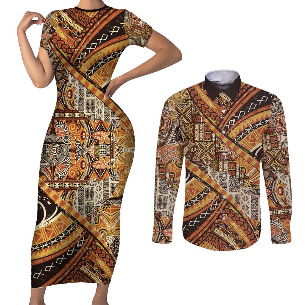 Hawaiian Style Tapa Couples Matching Short Sleeve Bodycon Dress and Long Sleeve Button Shirt Vintage Seamless Pattern LT9 Red - Polynesian Pride
