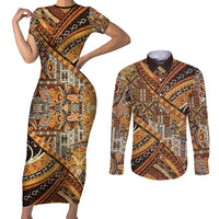 Hawaiian Style Tapa Couples Matching Short Sleeve Bodycon Dress and Long Sleeve Button Shirt Vintage Seamless Pattern - Polynesian Pride