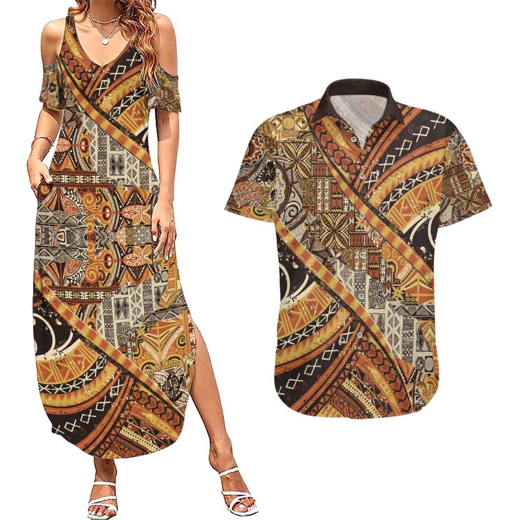 Hawaiian Style Tapa Couples Matching Summer Maxi Dress and Hawaiian Shirt Vintage Seamless Pattern LT9 Red - Polynesian Pride