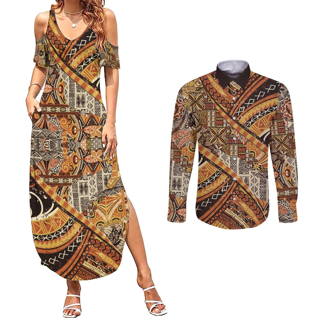 Hawaiian Style Tapa Couples Matching Summer Maxi Dress and Long Sleeve Button Shirt Vintage Seamless Pattern LT9 Red - Polynesian Pride