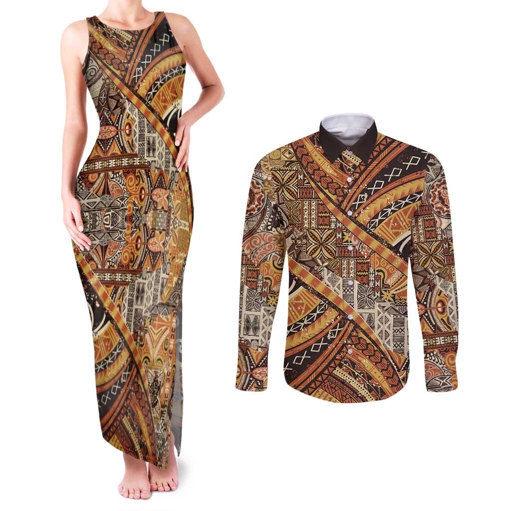Hawaiian Style Tapa Couples Matching Tank Maxi Dress and Long Sleeve Button Shirt Vintage Seamless Pattern LT9 Red - Polynesian Pride