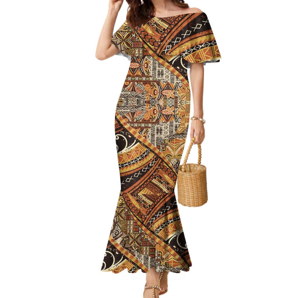 Hawaiian Style Tapa Family Matching Mermaid Dress and Hawaiian Shirt Vintage Seamless Pattern LT9 Mom's Dress Red - Polynesian Pride