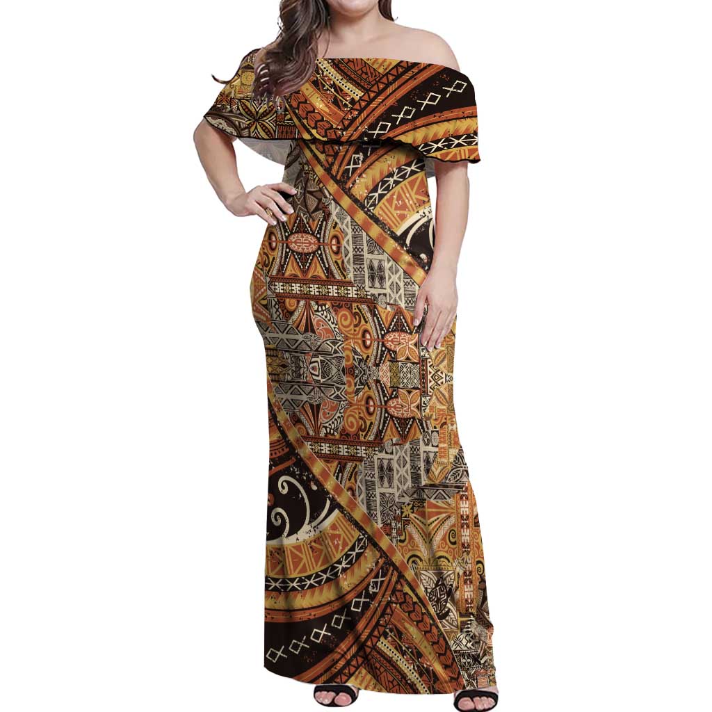 Hawaiian Style Tapa Off Shoulder Maxi Dress Vintage Seamless Pattern - Polynesian Pride