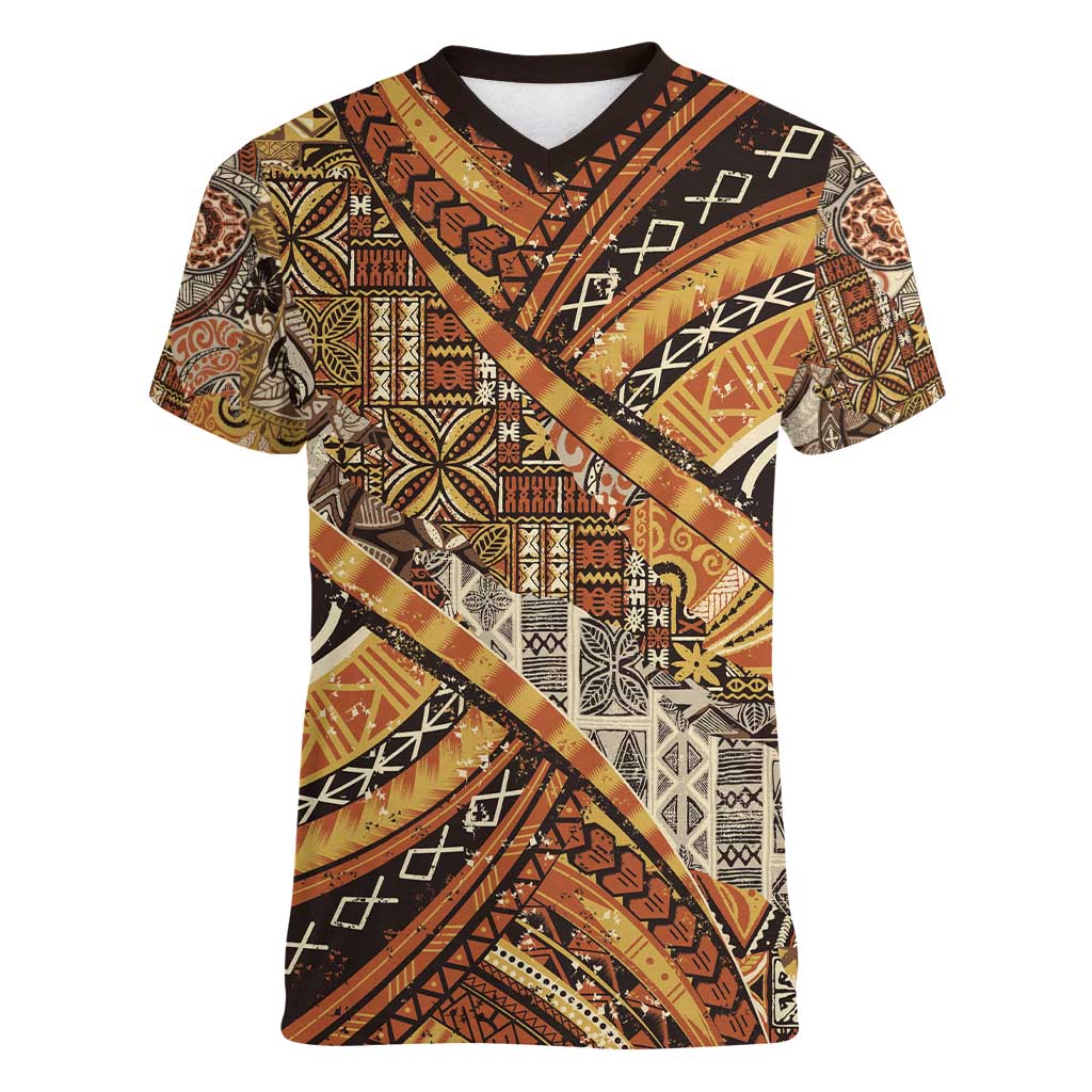 Hawaiian Style Tapa Women V-Neck T-Shirt Vintage Seamless Pattern LT9 Female Red - Polynesian Pride