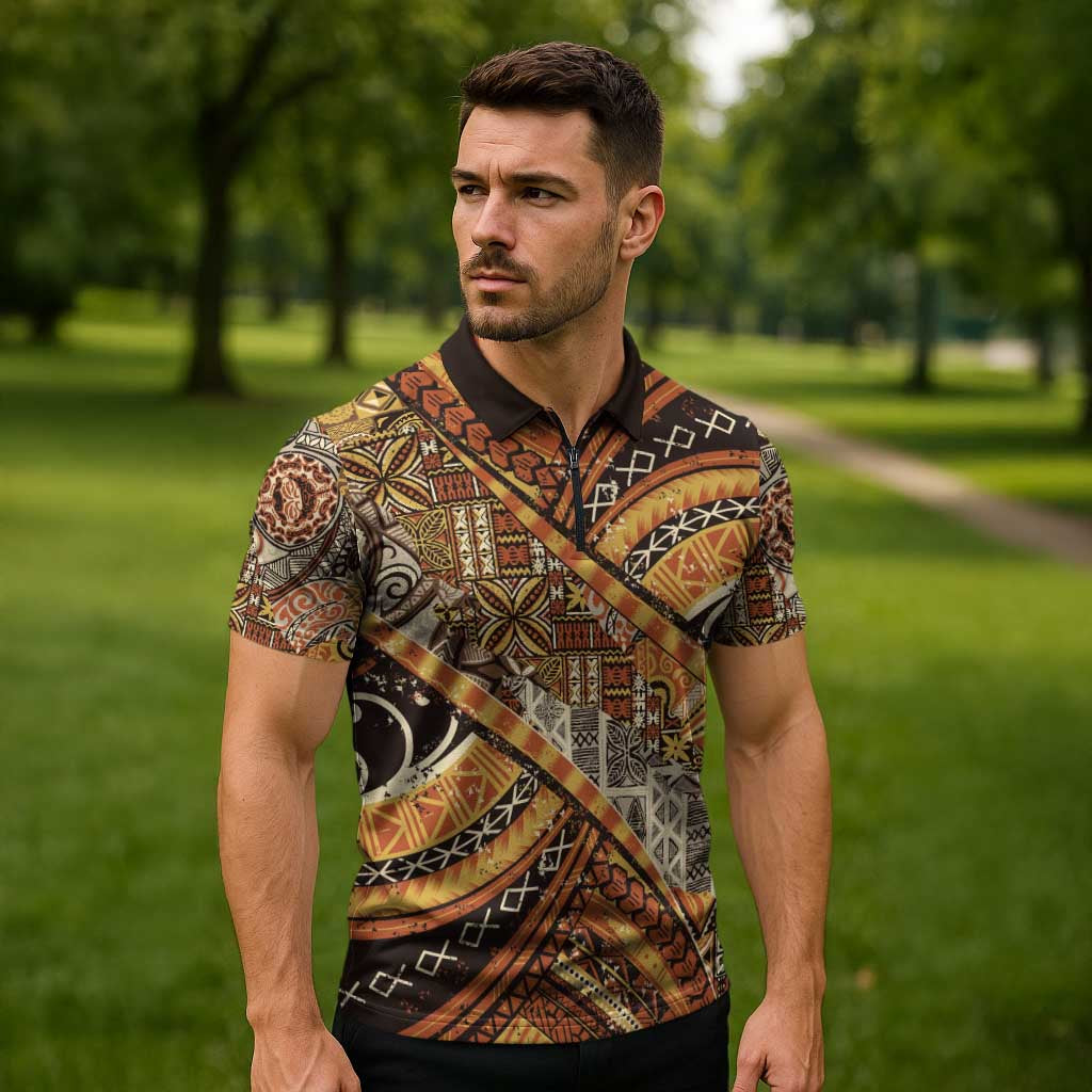Hawaiian Style Tapa Zipper Polo Shirt Vintage Seamless Pattern - Polynesian Pride