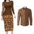 Hawaiian Tribal Elements Hibiscus Couples Matching Long Sleeve Bodycon Dress and Long Sleeve Button Shirt Gold Pattern - Polynesian Pride